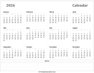calendar 2026 has week starts on sunday landscape layout