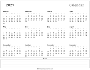 calendar 2027 has week starts on sunday landscape layout