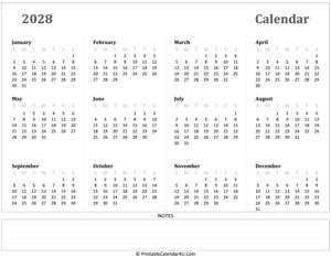 calendar 2028 has week starts on sunday landscape layout