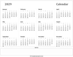 calendar 2029 has week starts on sunday landscape layout