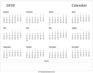 calendar 2030 has week starts on sunday landscape layout