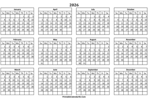 calendar yearly 2026 landscape layout