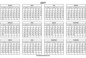 calendar yearly 2027 landscape layout