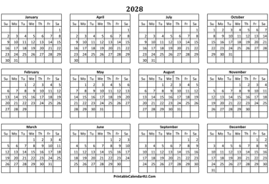 calendar yearly 2028 landscape layout