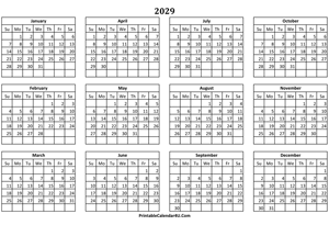 calendar yearly 2029 landscape layout