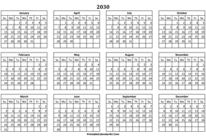 calendar yearly 2030 landscape layout