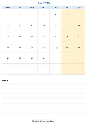 december 2020 calendar editable with notes vertical layout