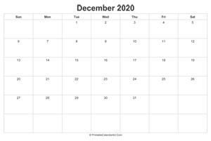 december 2020 calendar printable landscape layout