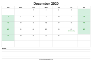 december 2020 calendar with us holidays and notes landscape layout