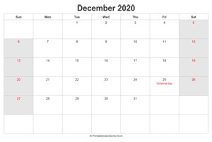 december 2020 calendar with us holidays highlighted landscape layout
