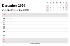 december 2020 weekly calendar with us holidays landscape layout