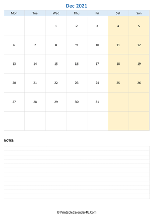 december 2021 calendar editable with notes vertical layout