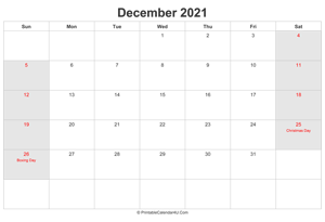 december 2021 calendar with uk bank holidays highlighted landscape layout