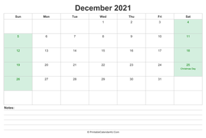 december 2021 calendar with us holidays and notes landscape layout