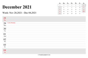 december 2021 weekly calendar with us holidays landscape layout