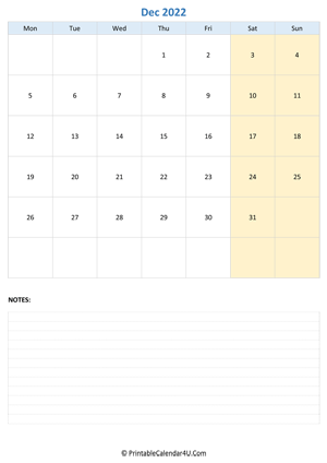 december 2022 calendar editable with notes vertical layout