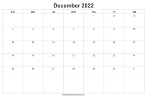 december 2022 calendar printable landscape layout