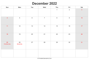 december 2022 calendar with uk bank holidays highlighted landscape layout