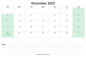 december 2022 calendar with us holidays and notes landscape layout