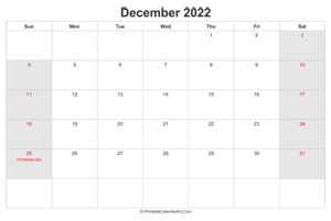 december 2022 calendar with us holidays highlighted landscape layout