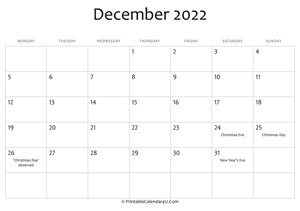 december 2022 editable calendar with holidays