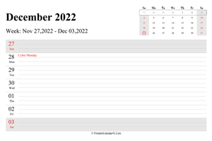 december 2022 weekly calendar with us holidays landscape layout