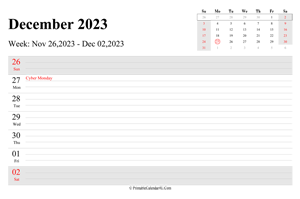 december 2023 weekly calendar with us holidays landscape layout