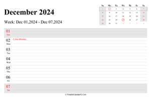 december 2024 weekly calendar with us holidays landscape layout