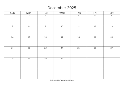 december 2025 calendar printable landscape layout