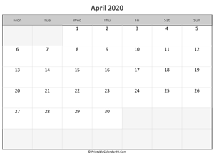editable calendar april 2020
