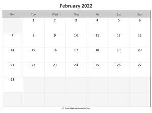 editable calendar february 2022
