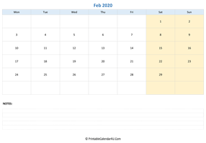 february 2020 calendar editable with notes horizontal layout