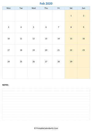 february 2020 calendar editable with notes vertical layout