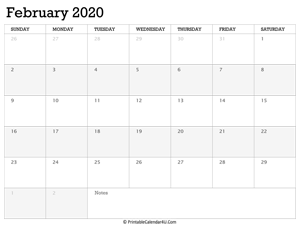 february 2020 calendar printable week starts on sunday