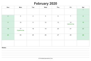 february 2020 calendar with us holidays and notes landscape layout