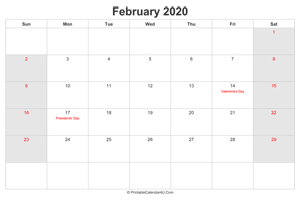 february 2020 calendar with us holidays highlighted landscape layout