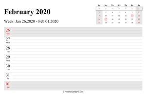 february 2020 weekly calendar with us holidays landscape layout
