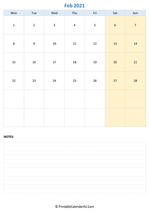 february 2021 calendar editable notes vertical layout