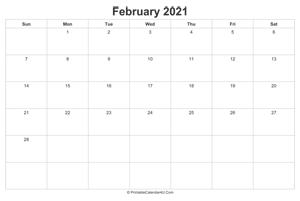 february 2021 calendar printable landscape layout