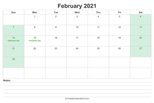 february 2021 calendar with us holidays and notes landscape layout