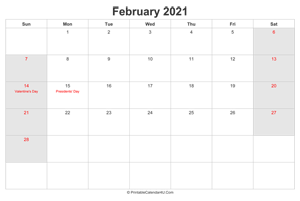 february 2021 calendar with us holidays highlighted landscape layout