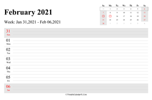 february 2021 weekly calendar with us holidays landscape layout