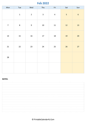 february 2022 calendar editable with notes vertical layout