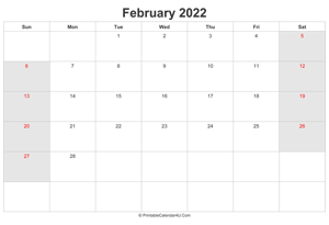 february 2022 calendar with uk bank holidays highlighted landscape layout
