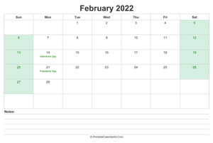 february 2022 calendar with us holidays and notes landscape layout