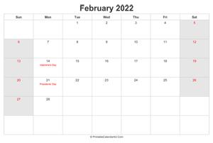 february 2022 calendar with us holidays highlighted landscape layout
