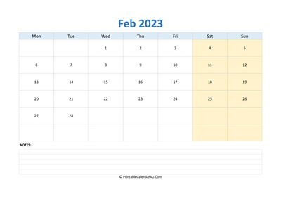february 2023 calendar editable with notes horizontal layout