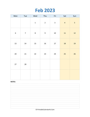 february 2023 calendar editable with notes vertical layout