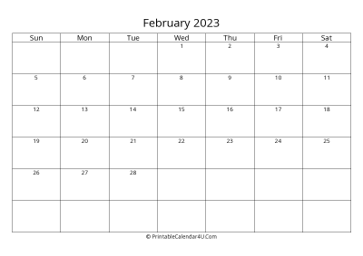 february 2023 calendar printable landscape layout