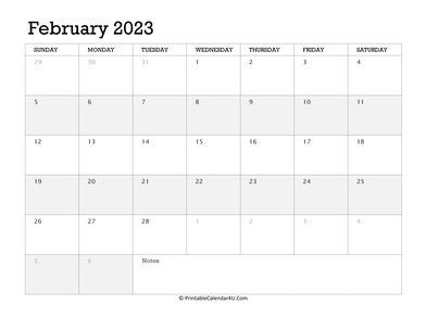 february 2023 calendar printable week starts on sunday